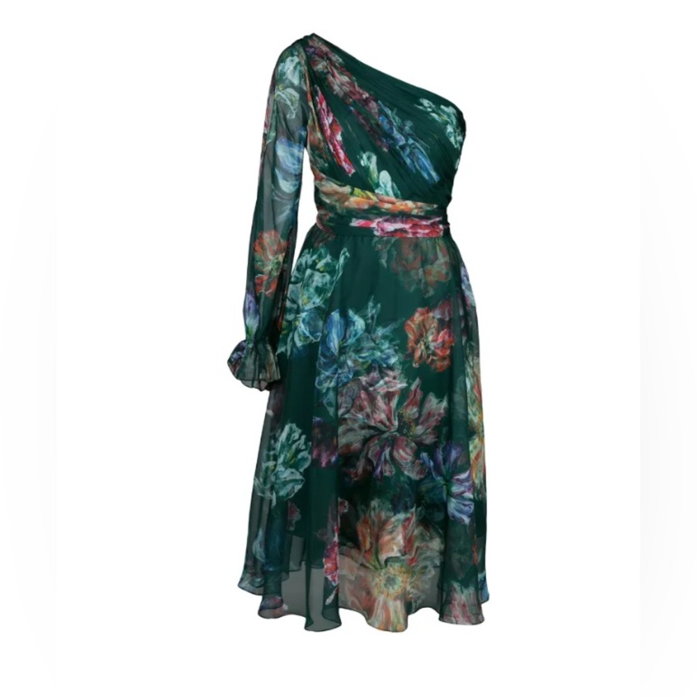 Marchesa Notte 
Green Floral One-Shoulder Dress
Size 16